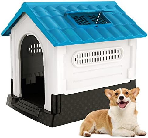 RoomTec 33 אינץ 'בית כלבי פלסטיק בית חיצוני מקורה, בית כלבים עמיד לכלבים בינוניים, בתים של כלבים אטומים למים עם פתחי אוורור/אוויר/אוויר